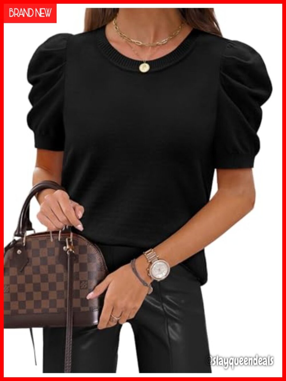 Short Puff Sleeve Knit Sweater Crewneck Business Casual Women's Top